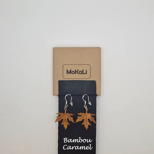 Boucles d'oreilles feuilles érable Jaume MoKaLi bambou caramel