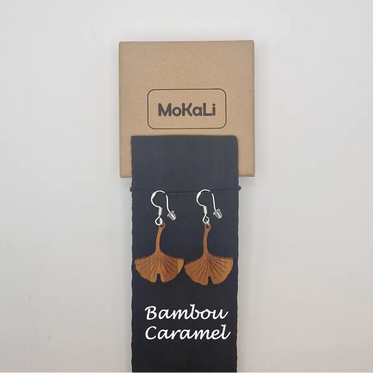 Boucles d'oreilles feuilles ginkgo Acconier MoKaLi bambou caramel