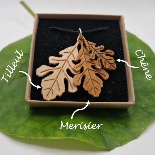 Pendentif feuille de chêne écoresponsable MoKaLi Tilleul Merissier Chêne