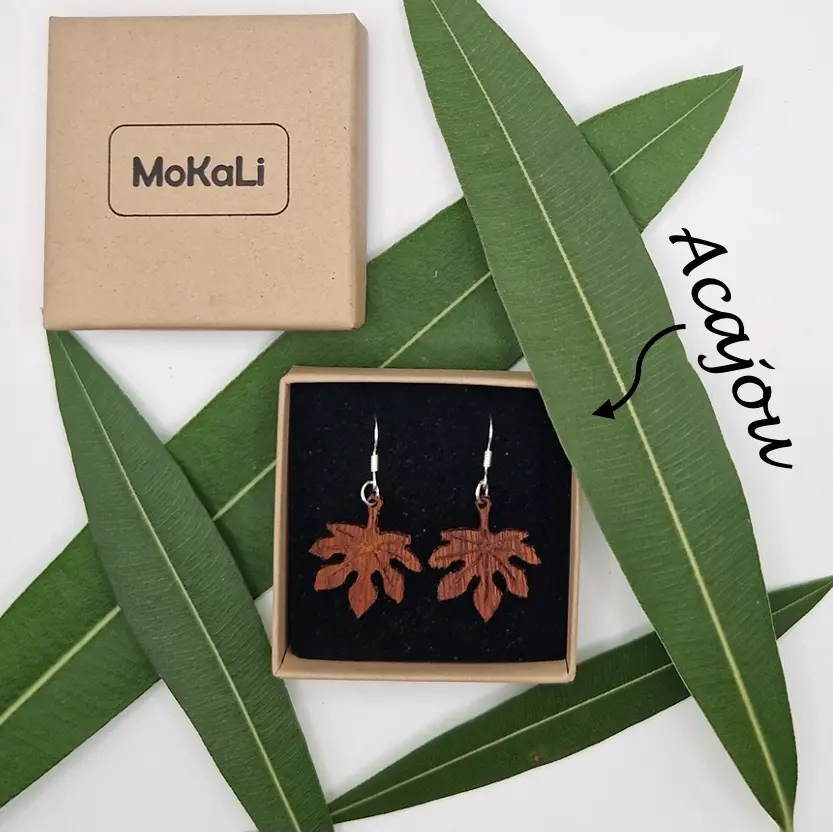 Boucles d'oreilles feuilles aralia Canourgue MoKaLi acajou