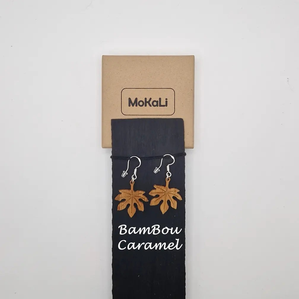 Boucles d'oreilles feuilles aralia Canourgue MoKaLi bambou caramel