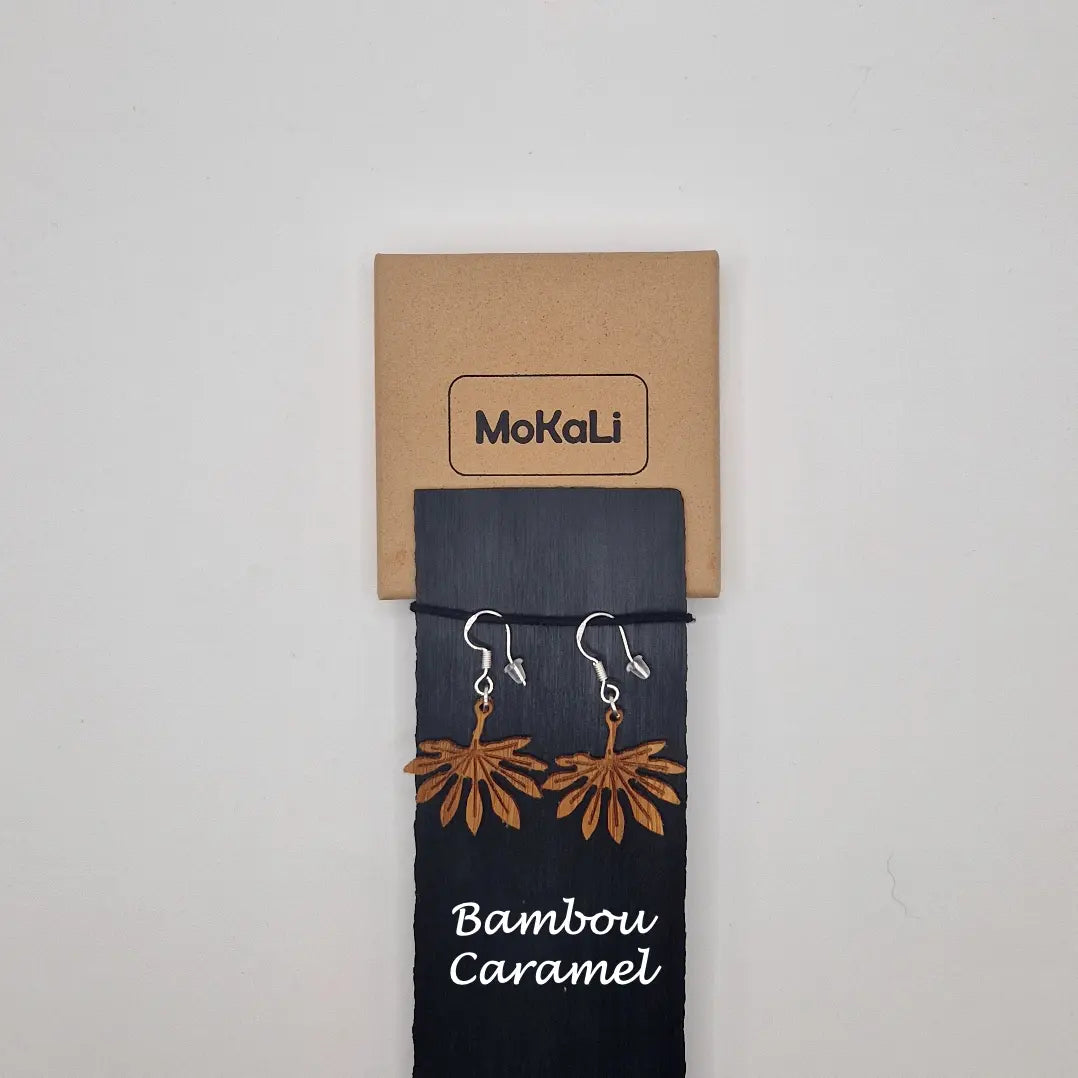 Boucles d'oreilles feuilles aralia Planchon MoKaLi bambou caramel