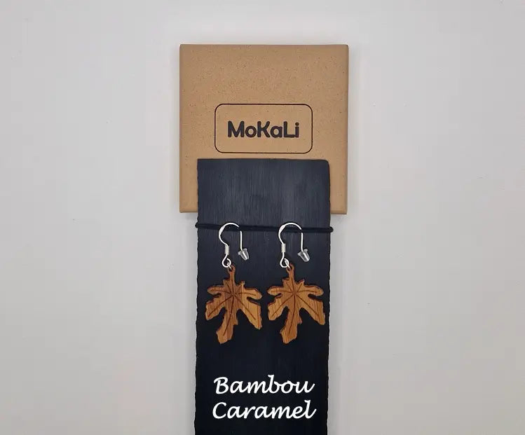 Boucles d'oreilles feuilles figuier Tillion MoKaLi bambou caramel