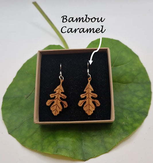 Boucles d'oreilles feuilles de chêne MoKaLi bambou caramel