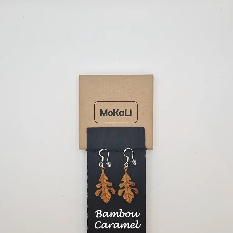 Boucles d'oreilles feuilles de chêne MoKaLi bambou caramel