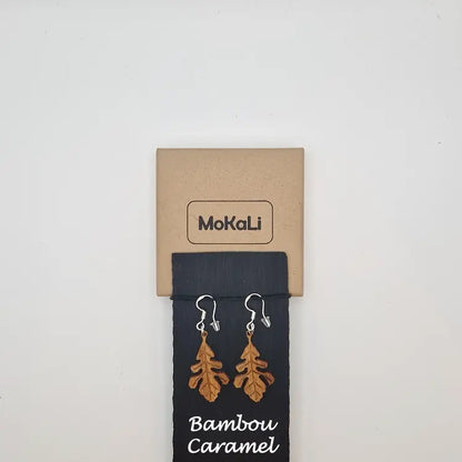 Boucles d'oreilles feuilles de chêne MoKaLi bambou caramel