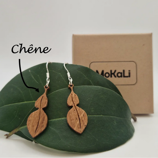 Boucles d'oreilles feuilles combava Cans MoKaLi chêne