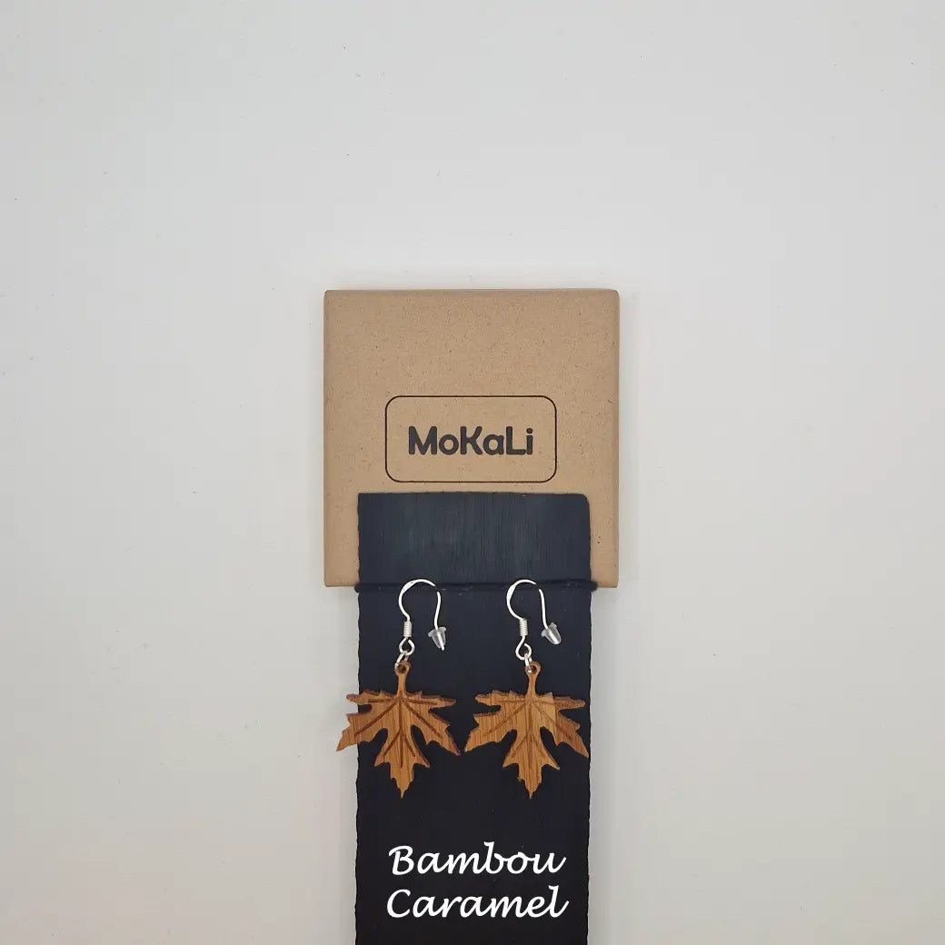 Boucles d'oreilles feuilles érable Jaume MoKaLi bambou caramel