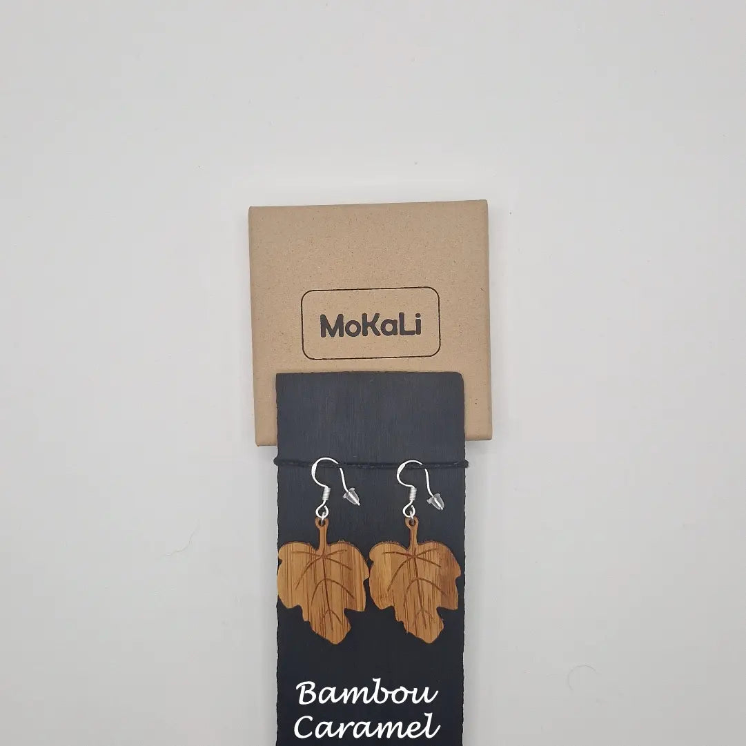 Boucles d'oreilles feuilles figuier Rethel MoKaLi bambou caramel