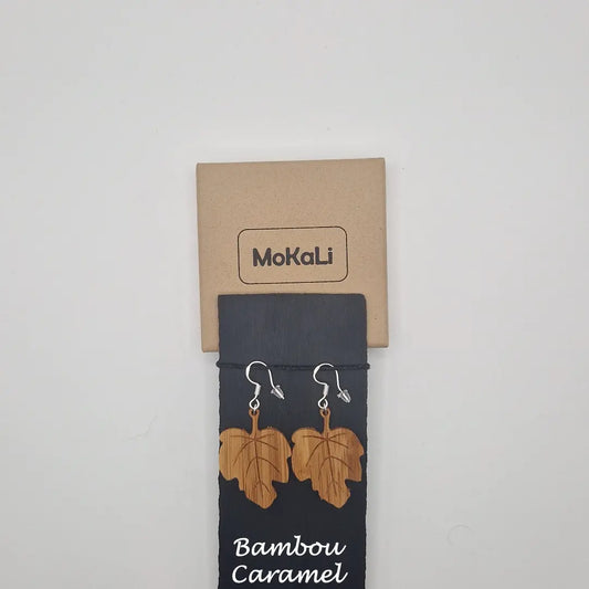 Boucles d'oreilles feuilles figuier Rethel MoKaLi bambou caramel