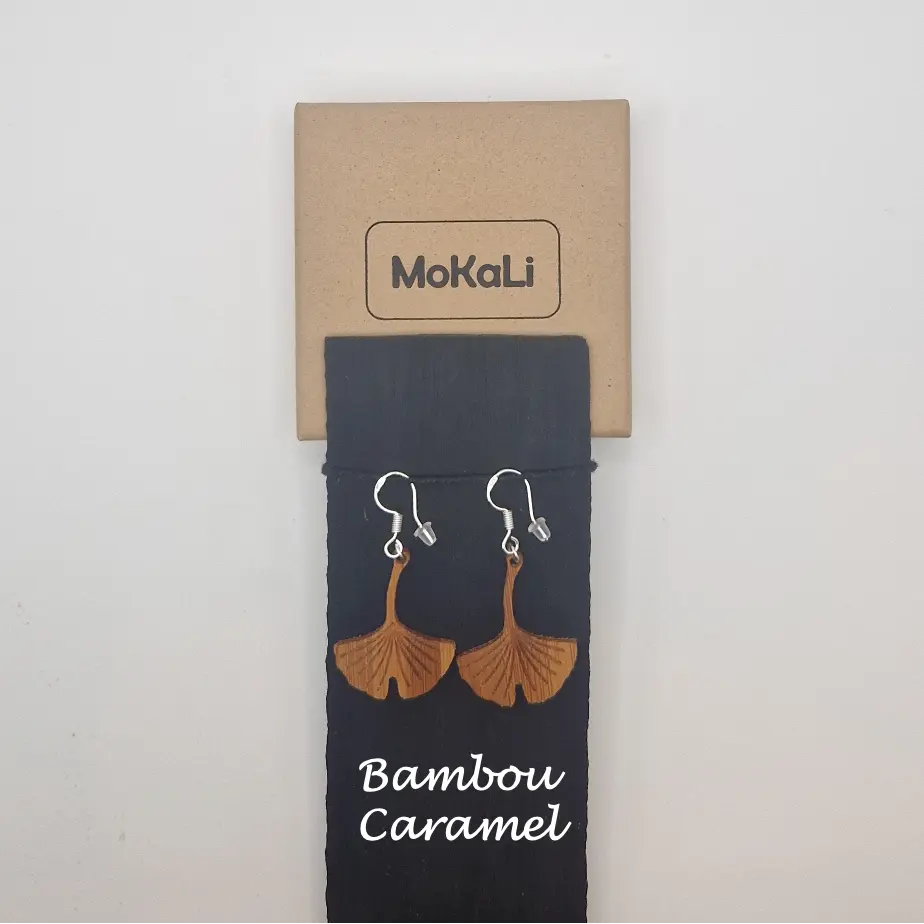 Boucles d'oreilles feuilles ginkgo Acconier MoKaLi bambou caramel