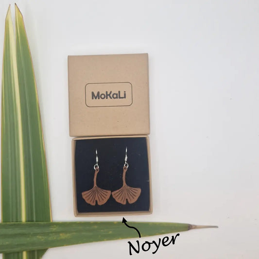 Boucles d'oreilles feuilles ginkgo Acconier MoKaLi noyer