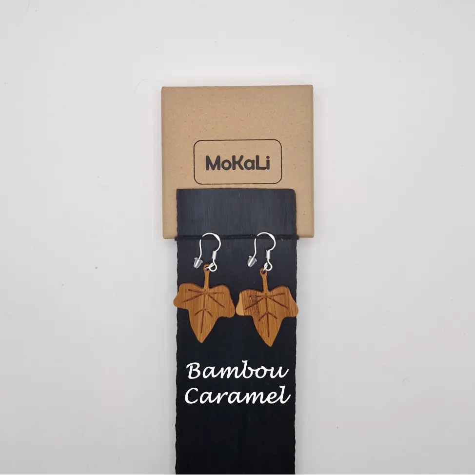 Boucles d'oreilles feuilles lierre Riu MoKaLi bambou caramel