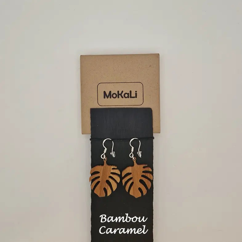 Boucles d'oreilles feuilles monstera Esplanade MoKaLi bambou caramel