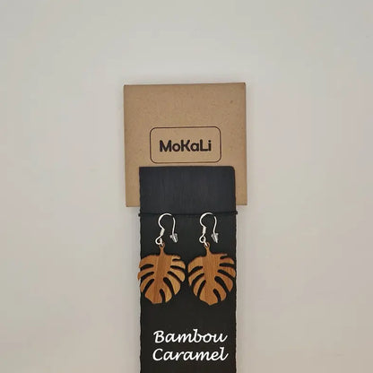 Boucles d'oreilles feuilles monstera Esplanade MoKaLi bambou caramel