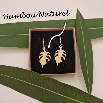 Boucles d'oreilles feuilles monstera Fabre MoKaLi bambou naturel