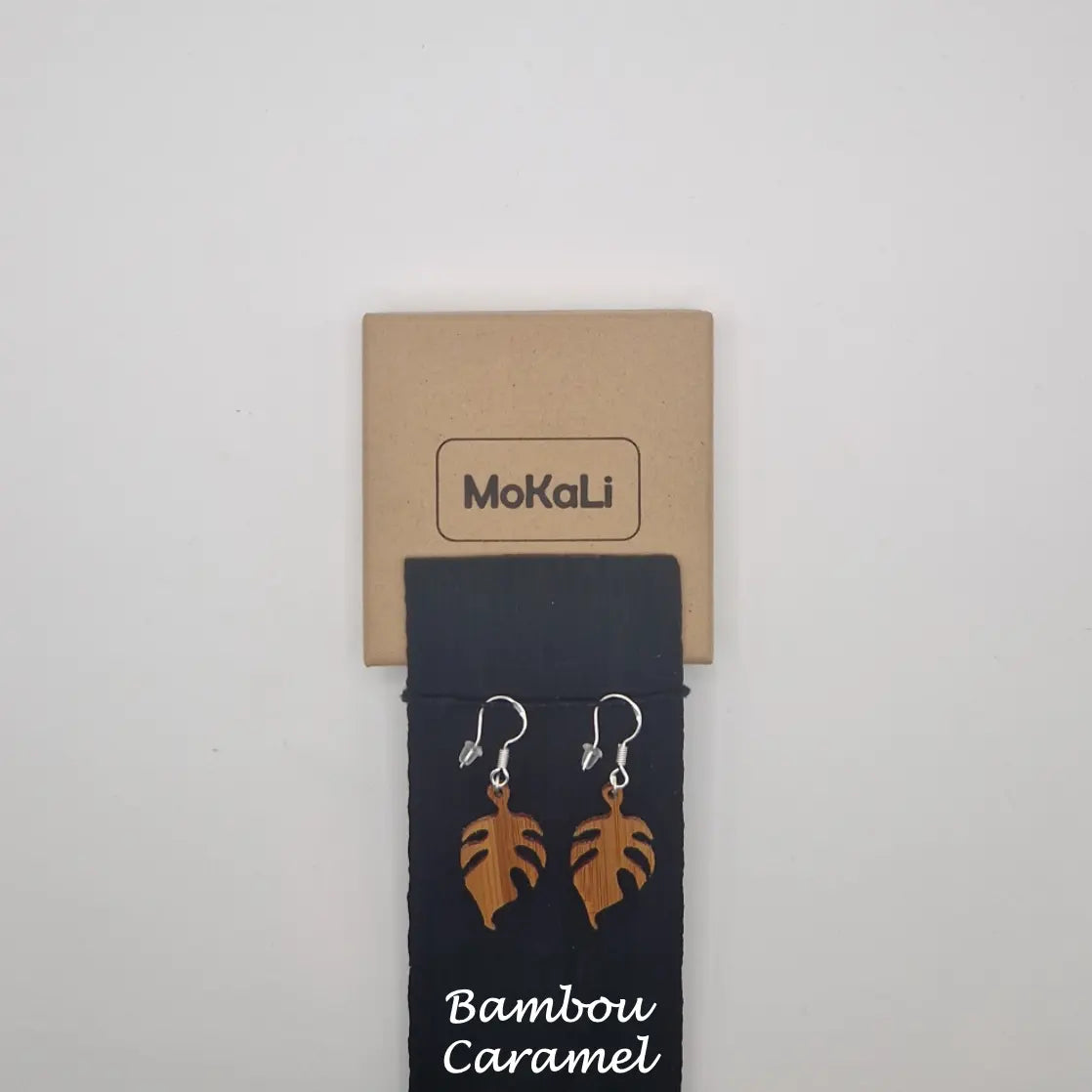 Boucles d'oreilles feuilles monstera Fabre MoKaLi bambou caramel