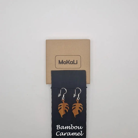 Boucles d'oreilles feuilles monstera Fabre MoKaLi bambou caramel