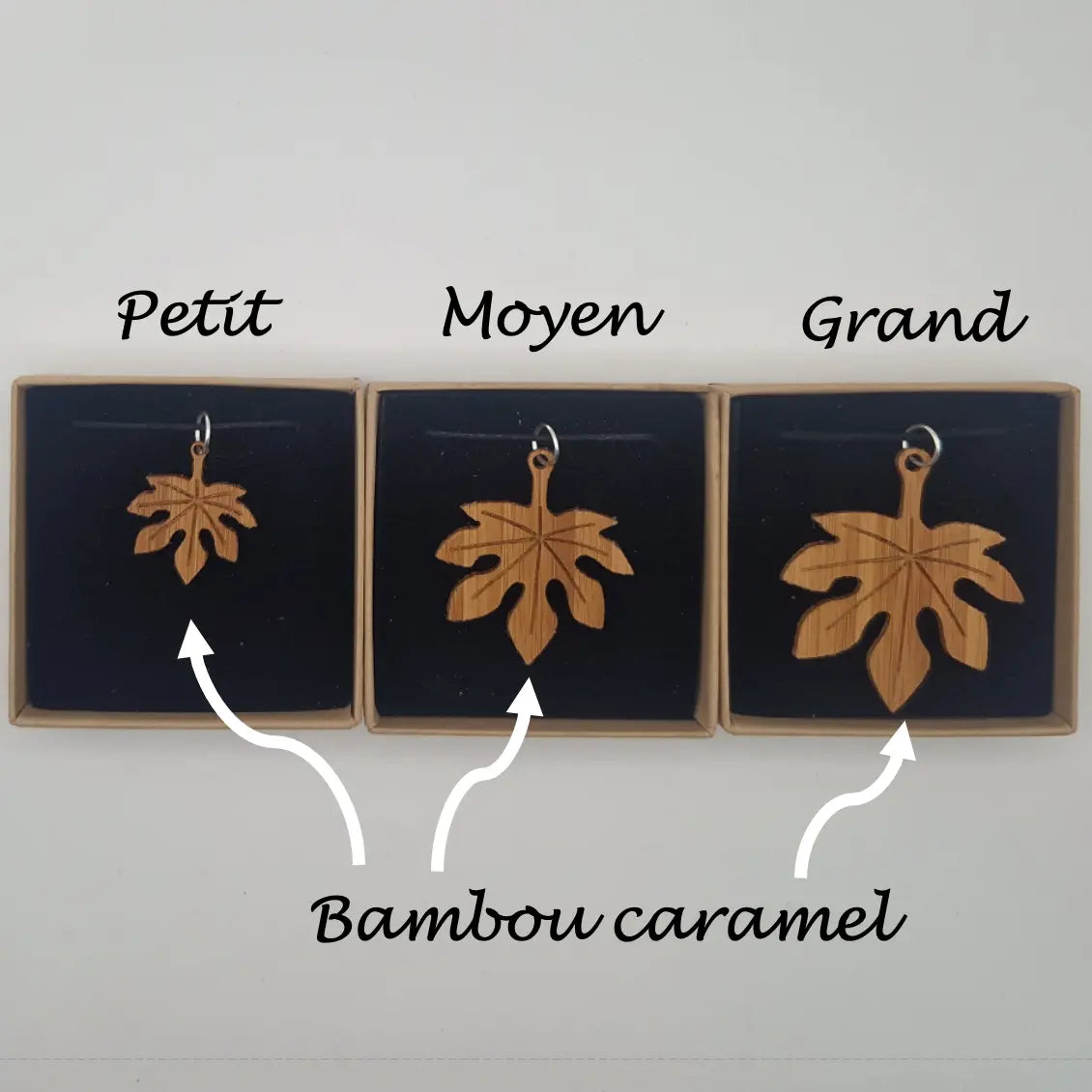 Pendentif feuille d'aralia Canourgue écoresponsable MoKaLi taille petit moyen grand bambou caramel