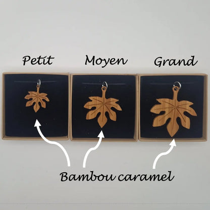 Pendentif feuille d'aralia Canourgue écoresponsable MoKaLi taille petit moyen grand bambou caramel