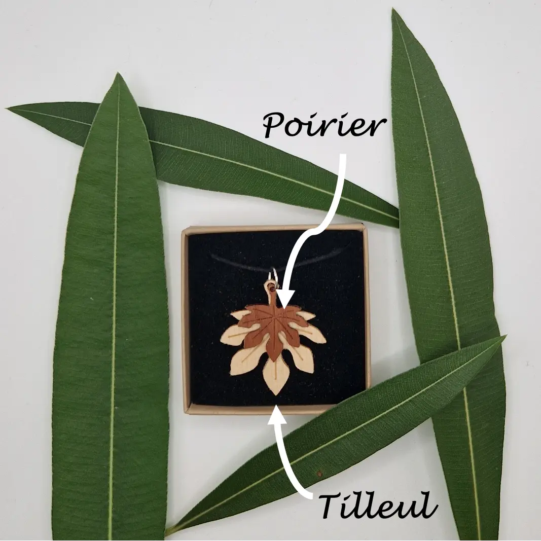 Pendentif feuille d'aralia Canourgue écoresponsable MoKaLi tilleul poirier