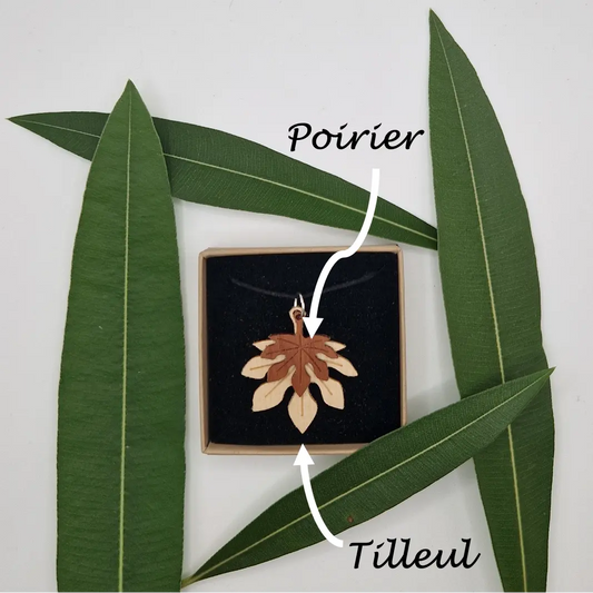Pendentif feuille d'aralia Canourgue écoresponsable MoKaLi tilleul poirier