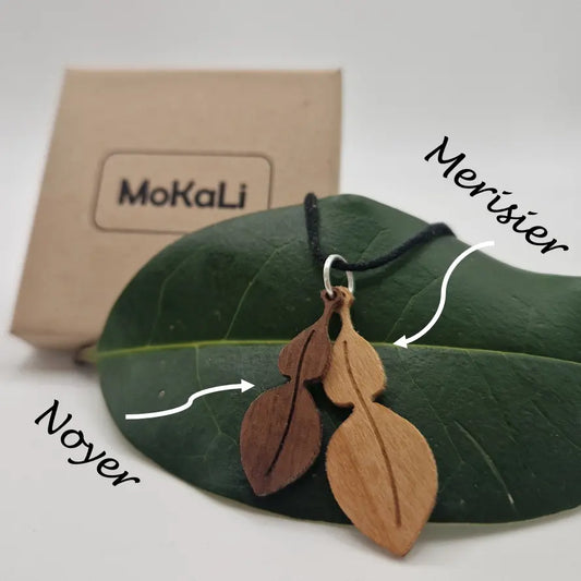 Pendentif feuille de combava Cans écoresponsable MoKaLi merisier noyer
