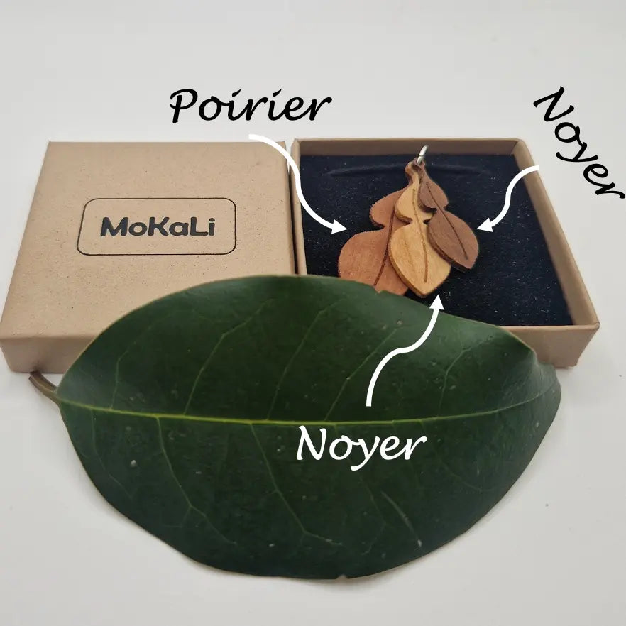Pendentif feuille de combava Cans écoresponsable MoKaLi poirier merisier noyer