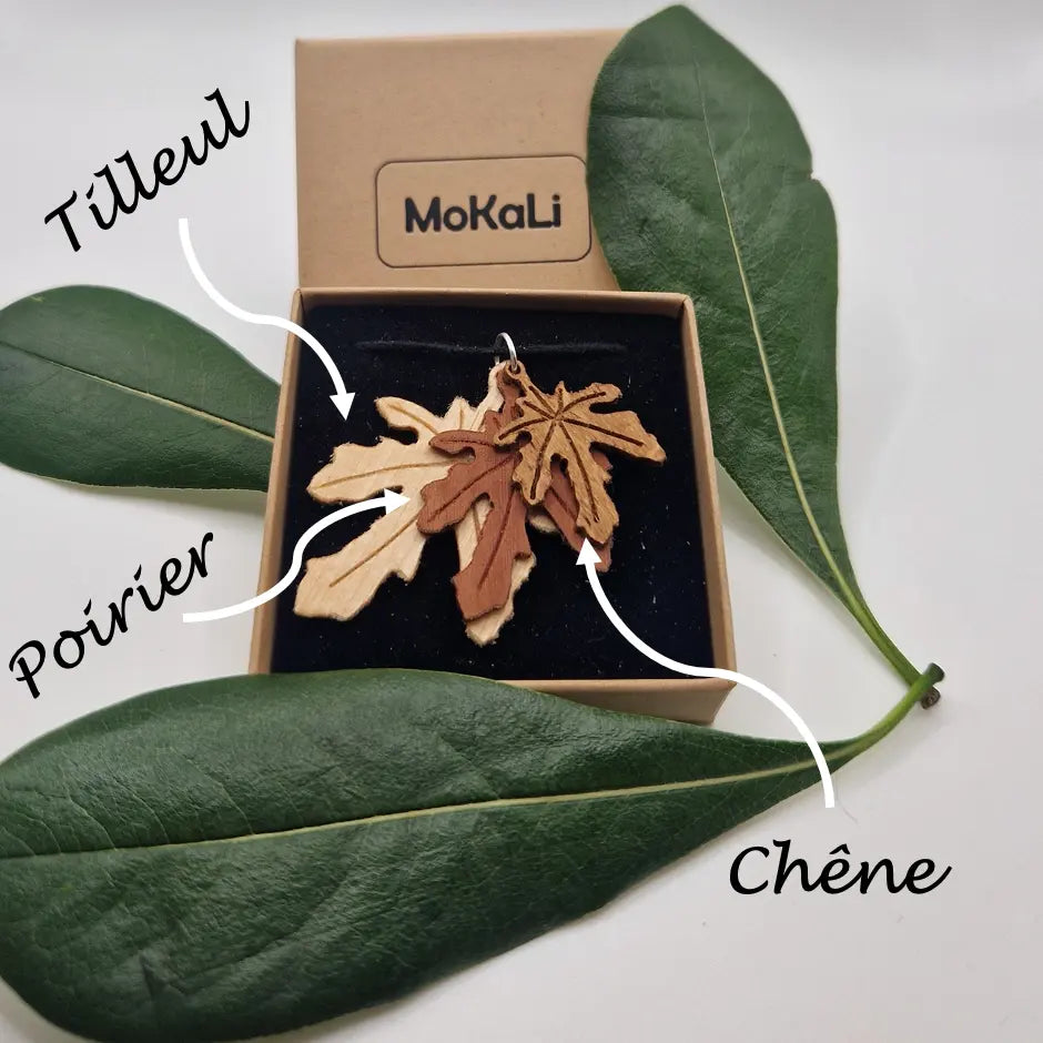 Pendentif feuille de figuier Tillion écoresponsable MoKaLi Tilleul Poirier Chêne 