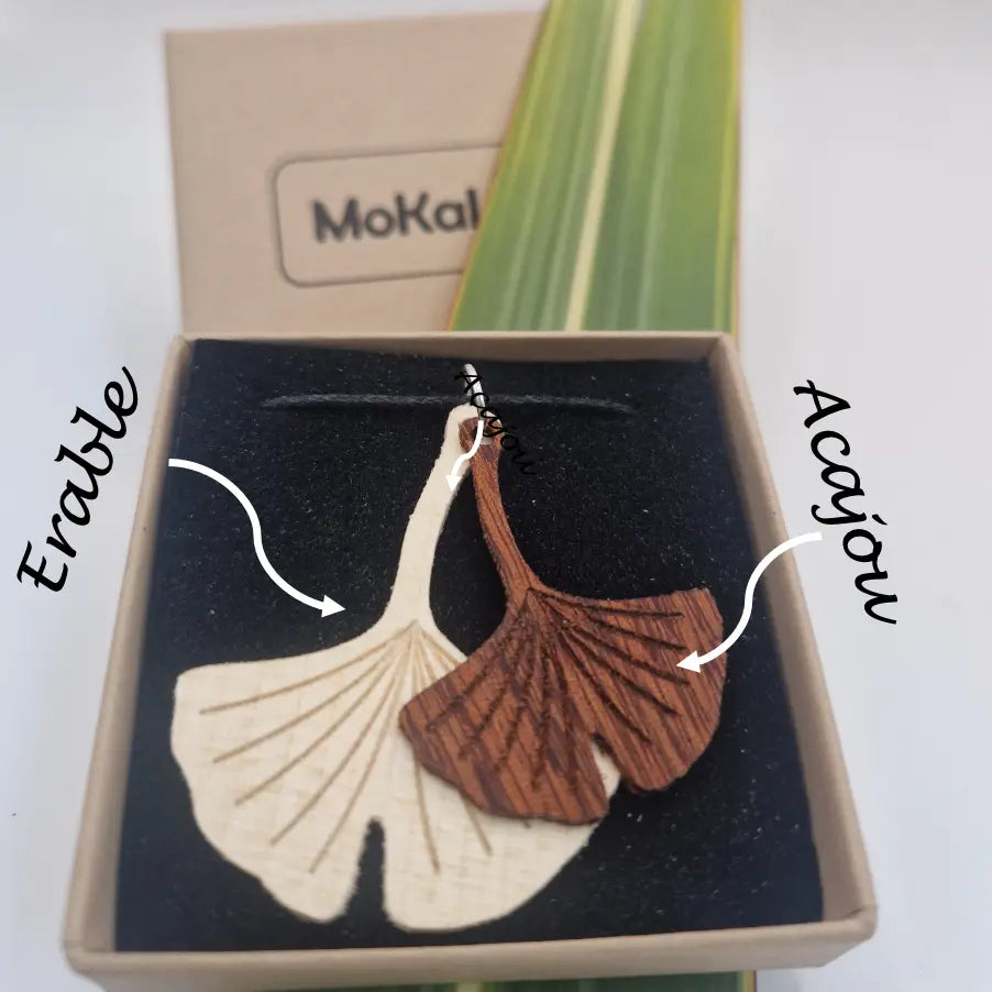 Pendentif feuille de ginkgo Acconier écoresponsable MoKaLi erable acajou
