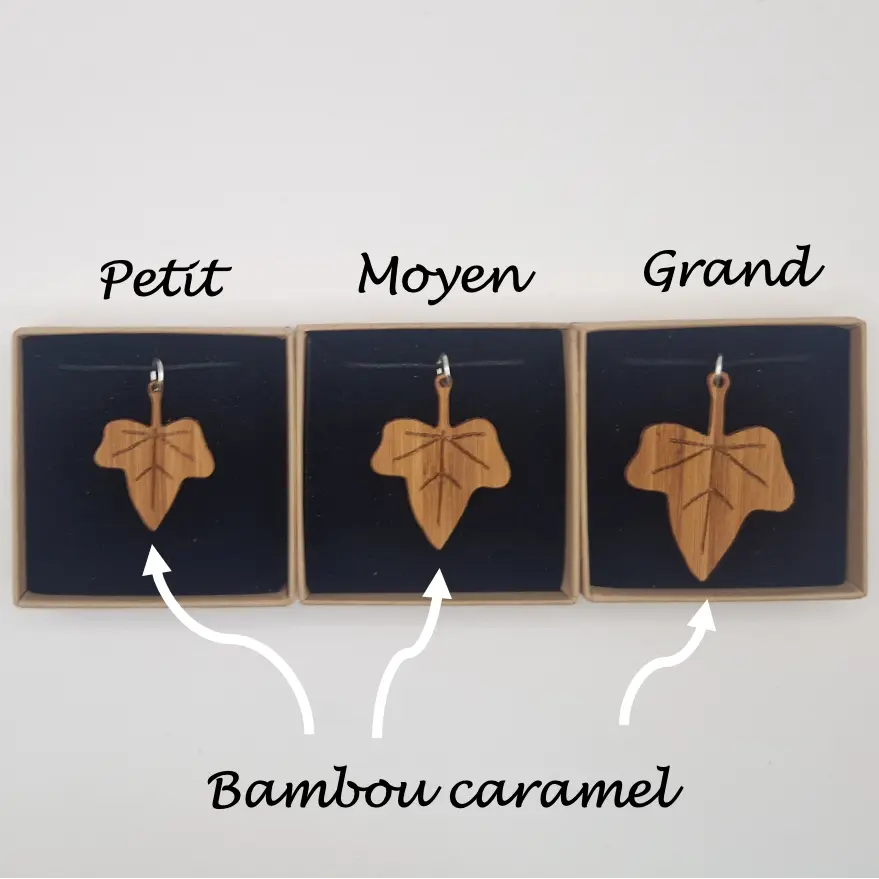 Pendentif feuille de lierre Riu écoresponsable MoKaLi taille petit moyen grand bambou caramel