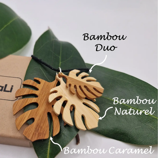 Pendentif feuille de monstera Esplanade écoresponsable MoKaLi bambou caramel bambou naturel bambou duo