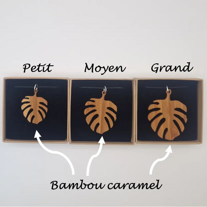 Pendentif feuille de monstera Esplanade écoresponsable MoKaLi taille petit moyen grand bambou caramel